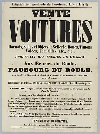 Vente des voitures royales organisée après la révolution de 1848 dans les écuries royales.