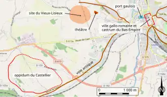 Carte montrant les principaux lieux antiques de Lisieux