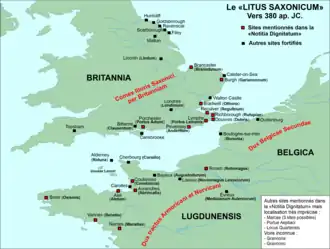 Carte montrant les différents éléments défensifs du Litus Saxonicum avec en rouge ceux mentionnés par la Notitia dignitatum en et en noir ceux découverts par l'archéologie