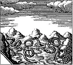 « Des déserts, au milieu desquels coulaient plusieurs belles fontaines, dont sortaient plusieurs serpents, qui couraient par-ci, et par là ».