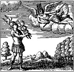 « Un jeune homme avec des ailes aux talons, ayant une verge caducée en main, entortillée de deux serpents, de laquelle il frappait une salade qui lui couvrait la tête, […], contre icelui venait courant et volant à ailes ouvertes, un grand vieillard, lequel sur sa tête avait une horloge attachée, et en ses mains une faux comme la mort, de laquelle terrible et furieux, il voulait trancher les pieds à Mercure ».
