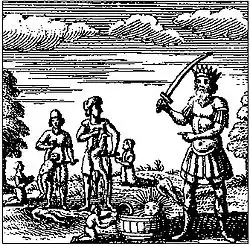 « Un roi avec un grand coutelas, qui faisait tuer en sa présence par des soldats, grande multitude de petits enfants, les mères desquels pleuraient aux pieds des impitoyables gens d'armes, le sang desquels petits enfants, était puis après recueilli par d'autres soldats, et mis dans un grand vaisseau, dans lequel le soleil et la lune se venaient baigner ».