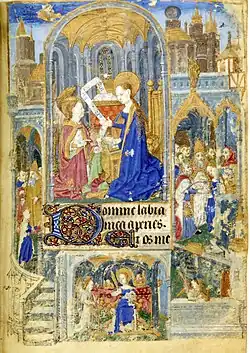 folio 35r : scènes de la vie de Marie ; au centre, l’Annonciation.