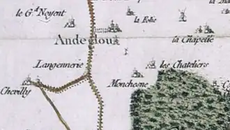 Localisation d'Andeglou avant qu'elle ne soit nommée Chevilly sur la carte de Cassini (XVIIIe&nbsp;siècle). © IGN.