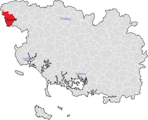Carte représentant par des couleurs différentes l'emplacement d'une commune au sein de son département.
