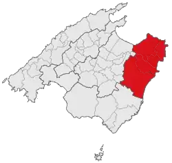 Localisation de la comarque du Llevant dans l'île de Majorque.