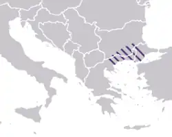 Frontières approximatives de la Macédoine, au cours de la domination byzantine