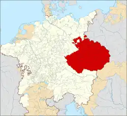 Pays tchèques, en tant que territoires de la couronne de Bohême (en rouge), au XVIIe&nbsp;siècle au sein du Saint Empire romain germanique.