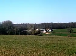 Photographie en couleurs de bâtiments isolés en bordure de vastes bois.