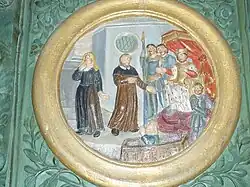 Locronan : église Saint-Ronan, chaire à prêcher, un des médaillons illustrant la vie de saint Ronan 1