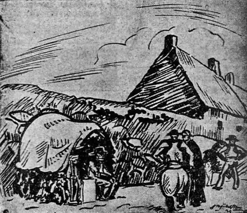 Une chapelle de piété lors de la Grande Troménie de 1929 (dessin publié dans le journal L'Ouest-Éclair du 4 août 1929).