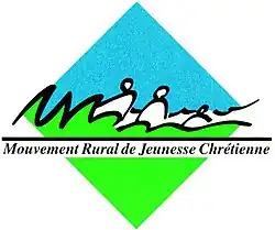 Le logo a la forme d’un carré pivoté, la moitié inférieure est verte, dépassant en touffe d’herbes sur la moitié supérieure bleu ciel. Des silhouettes blanches se dessinent entre les deux, au dessus du texte « Mouvement Rural de Jeunesse Chrétienne&nbsp;».