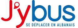 Logo du réseau, composé des caractères J'y en rouge et bus en bleu, et de la mention « Se déplacer en Albanais » en capitales bleues en-dessous