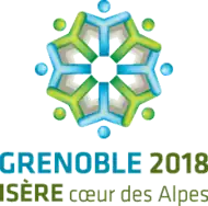 Logo représentant en flocon de neige vert et bleu avec les inscriptions GRENOBLE 2018 ISÈRE cœur des Alpes.