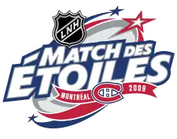 Logo du Match des étoiles 2009 : les mots Matchs des étoiles avec le logo de la LNH, celui des Canadiens de Montréal et l'inscription Montréal 2009.