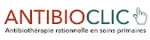 Logo d'antibioclic, avec écrit en lettres capitales ANTIBIOCLIC suivi d'un pointeur de souris en forme de main pixelisée s’apprêtant à cliquer.