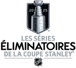 Image de la coupe Stanley dans un écusson noir surmontant les mots "Les séries éliminatoires de la coupe Stanley"