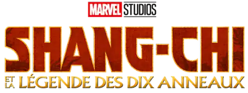 Les mots "SHANG-CHI" en rouge foncé avec une fine bordure dorée, et en dessous « AND THE LEGEND OF THE TEN RINGS » en doré et plus petit, le tout en capitales, au dessus le logo de Marvel Studios