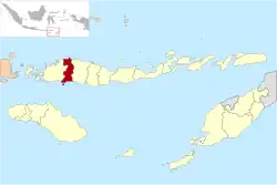 Le village de Liang Bua se situe au centre du Kabupaten de Manggarai illustré en rouge sur la carte.