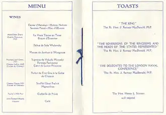 Menu lors du traité naval de Londres de 1930.