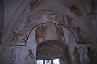 Sept âges de la vie, peinture murale de la Tour de Longthorpe (1330, Royaume-Uni).