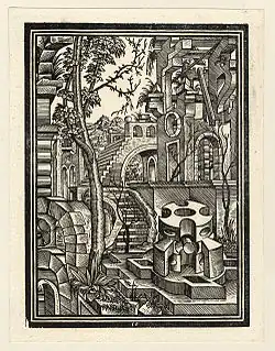 Gravure ancienne montrant un paysage imaginaire dont les bâtiments sont composés de formes géométriques fantaisistes.