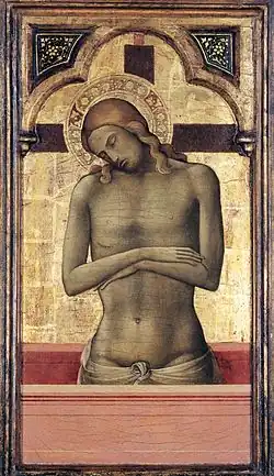 Christ mort, debout dans un cercueil rouge, et placé devant la croix dans un trilobe. Lorenzo Monaco. Tempera, or, bois; H. 62 cm, entre 1415 et 1417.