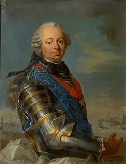 Portrait d’un homme portant perruque et armure.