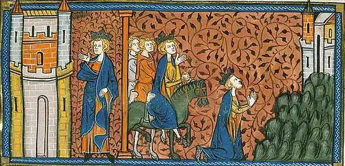 Miniature représentant Louis IX à cheval, puis agenouillé devant un bâtiment.