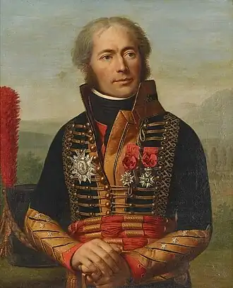 Peinture représentant un officier de l'armée napoléonienne, en buste, sans chapeau.