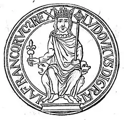 Dessin d'un souverain assis tenant un sceptre et entouré d'un cercle avec des inscriptions en latin