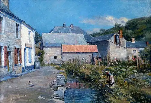 Paysanne près du ruisseau d'un hameau, vers 1900..