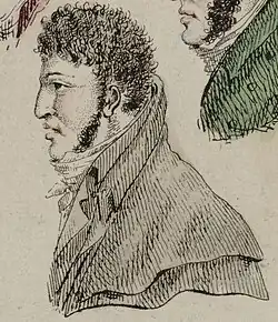 Portrait au crayon de couleurs du profil gauche d'un homme un manteau marron.