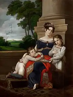 Peinture représentant une mère et ses deux enfants un garçon d'environ 5 ans et une fille d'environ 8 ans.