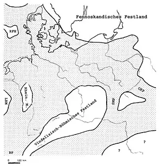 Carte du Bassin germanique au Trias moyen; « Fennoskandisches Festland » = Continent fennoscandien, « Vindelizisch-Böhmisches Festland » = Continent vindélicien-bohémien.