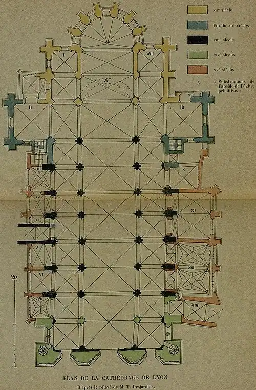 Plan en couleurs d’une cathédrale, dans lequel chaque couleur est associée à une époque de construction.