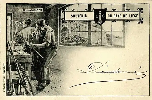 Armuriers, Souvenir du pays de Liège, 1902-1903 (Carte postale ; 9 × 14 cm), Liège, Musée de la Vie wallonne