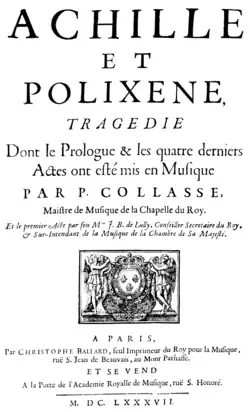 Description de l'image Lully, Collasse - Achille et Polixene - title page of the score, Paris 1687.png.