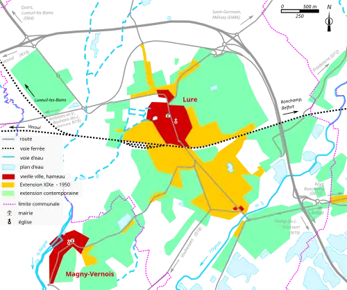 Vue d'une carte en couleur représentant les étapes de développement du bâti d'une ville.