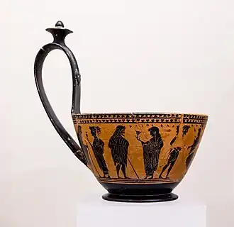 Kyathos de Lydos l'esclave, fabrication athénienne mise au jour à Vulci (Italie). Musée national étrusque de la villa Giulia.