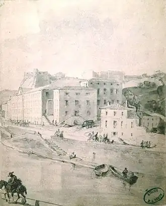 La caserne de Serin et le fort St-Jean,Balthazar Jean Baron, 1840-1850Arbres abattus, portique et mur démolis laissent voir le perron de l'hôtel de la Butte contigu au Grenier d’abondance.