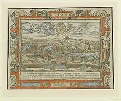 Dessin en couleurs montrant Lyon vue depuis la Croix-Rousse, au-delà des remparts. Les différentes églises et les deux ponts de la ville sont bien visibles.