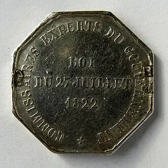 Médaille en argent (revers), Commissaires experts du gouvernement, loi du 27 juillet 1822, gravée en 1831.