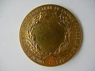 Union des sociétés de gymnastique de France fondée le 28 septembre 1873. Patrie, courage, moralité, médaille en argent vermeil, verso.