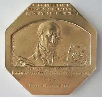 Médaille Benjamin Delessert, fondateur des Caisses d'épargne. Graveur René Grégoire, recto.