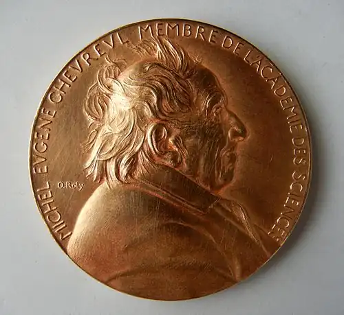 Médaille Centenaire français de la naissance de Michel Eugène Chevreul (1886). Graveur : Oscar Roty (1846-1911). Avers.