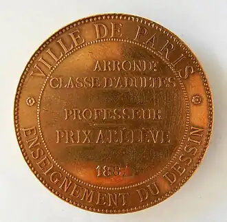 Ville de Paris, enseignement du dessin, 1887, médaille en cuivre, 50&nbsp;mm, 62&nbsp;g, revers.
