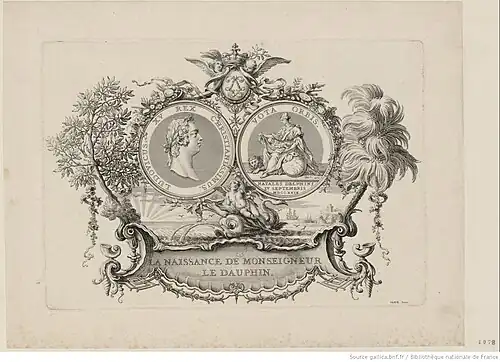 Médaille frappée à l'occasion de la naissance du Dauphin : sur la face le portrait de Louis XV, au revers la France tenant sur ses genoux le dauphin. Gravure du XVIIIe&nbsp;siècle.