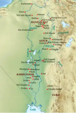 Localisation des principaux sites de la Mésopotamie durant l'âge du bronze récent.