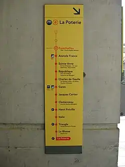 Photo d'un plan-thermomètre de la ligne A indiquant les stations restantes à desservir.